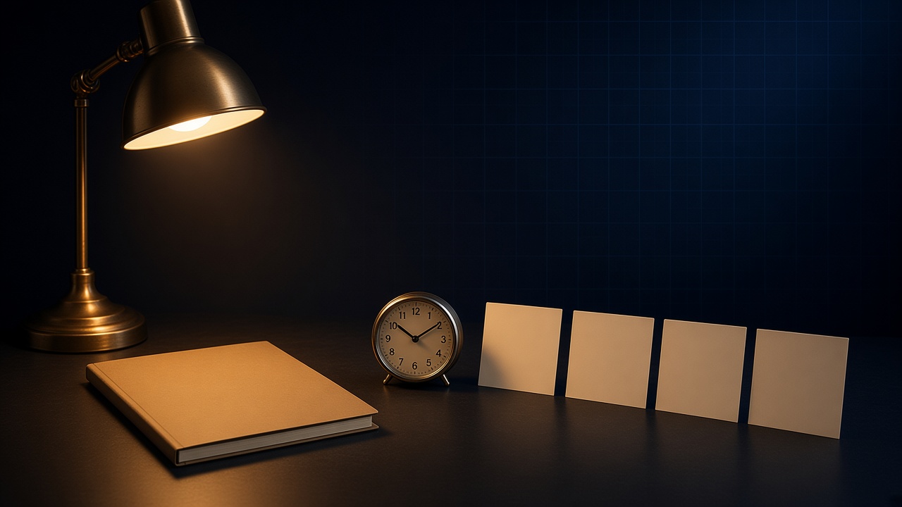 A closed project folder, a small analog timer, and four blank cards in a row on a dark desk.