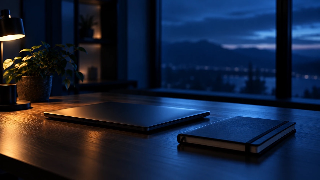 A calm, softly lit desk with a closed laptop and a notebook, shallow depth of field, no text visible.