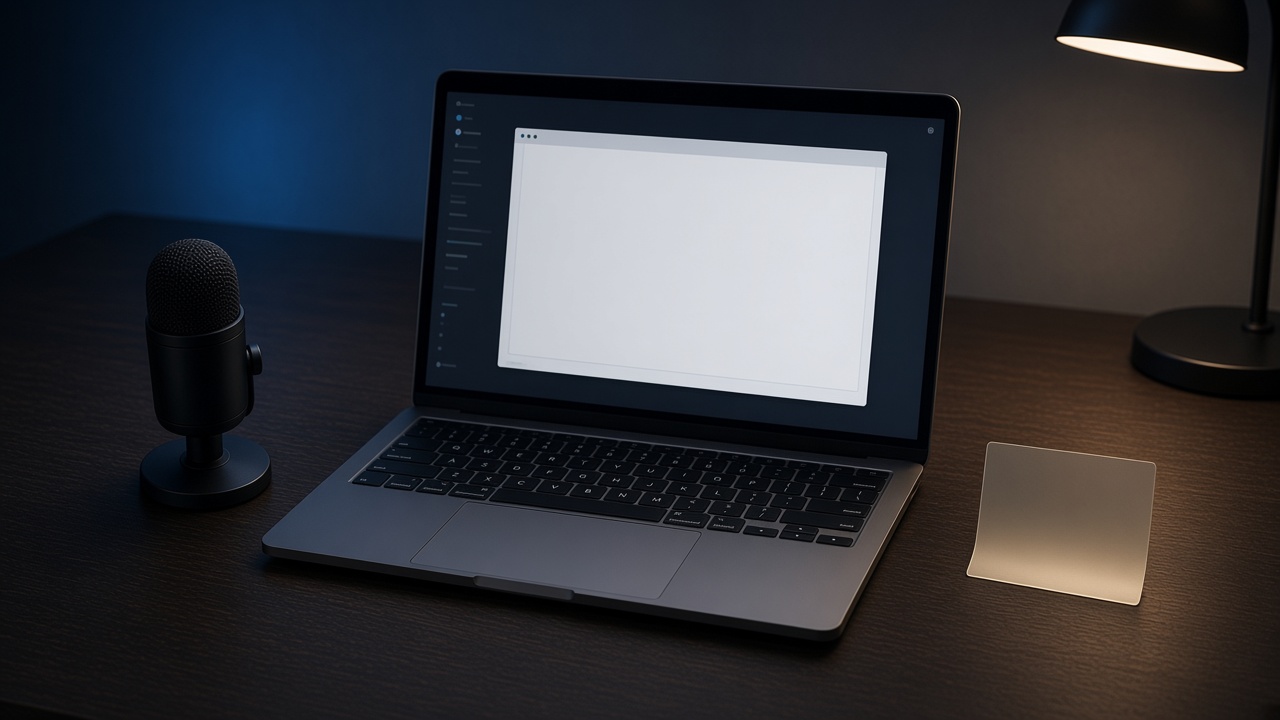 A laptop showing a plain shared window, with a frosted card and a microphone on the desk beside the screen.