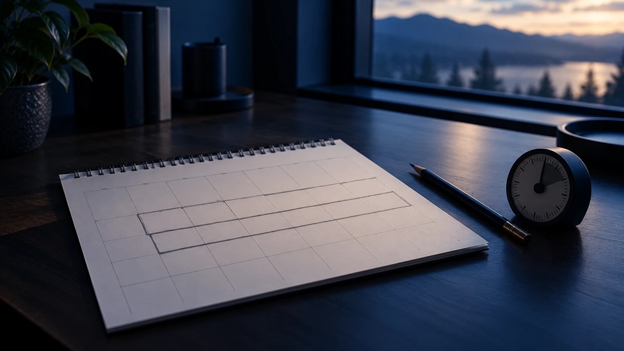 A paper calendar with two weeks marked, a pencil, and a small analog timer on a quiet desk in soft daylight.