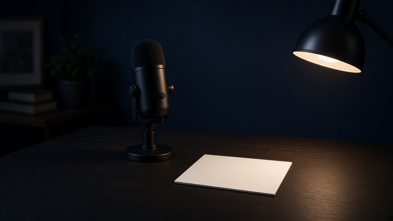 A desktop microphone and a single blank index card on a dark desk under a warm lamp.