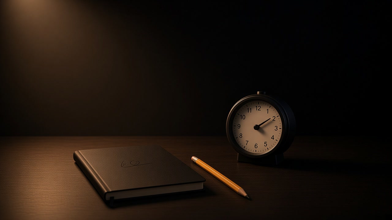 A closed notebook with one short handwritten line, a wooden pencil, and a round desk clock on a dark desk under a warm lamp.