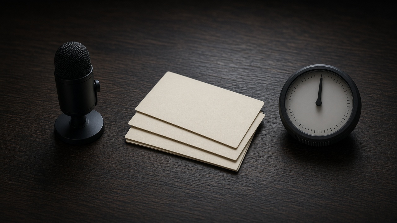 A desktop microphone, three note cards, and a small analog timer on a dark desk.