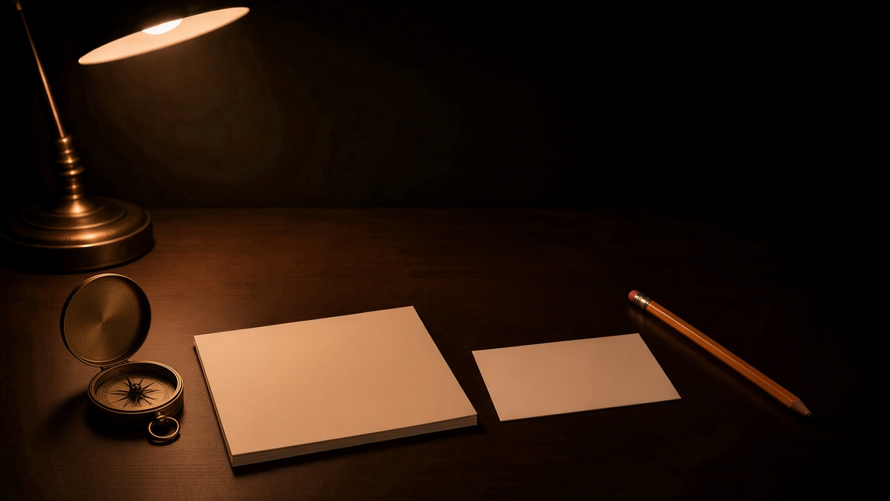 A small brass compass, a blank cream index card, and a wooden pencil on a dark desk under a warm lamp.