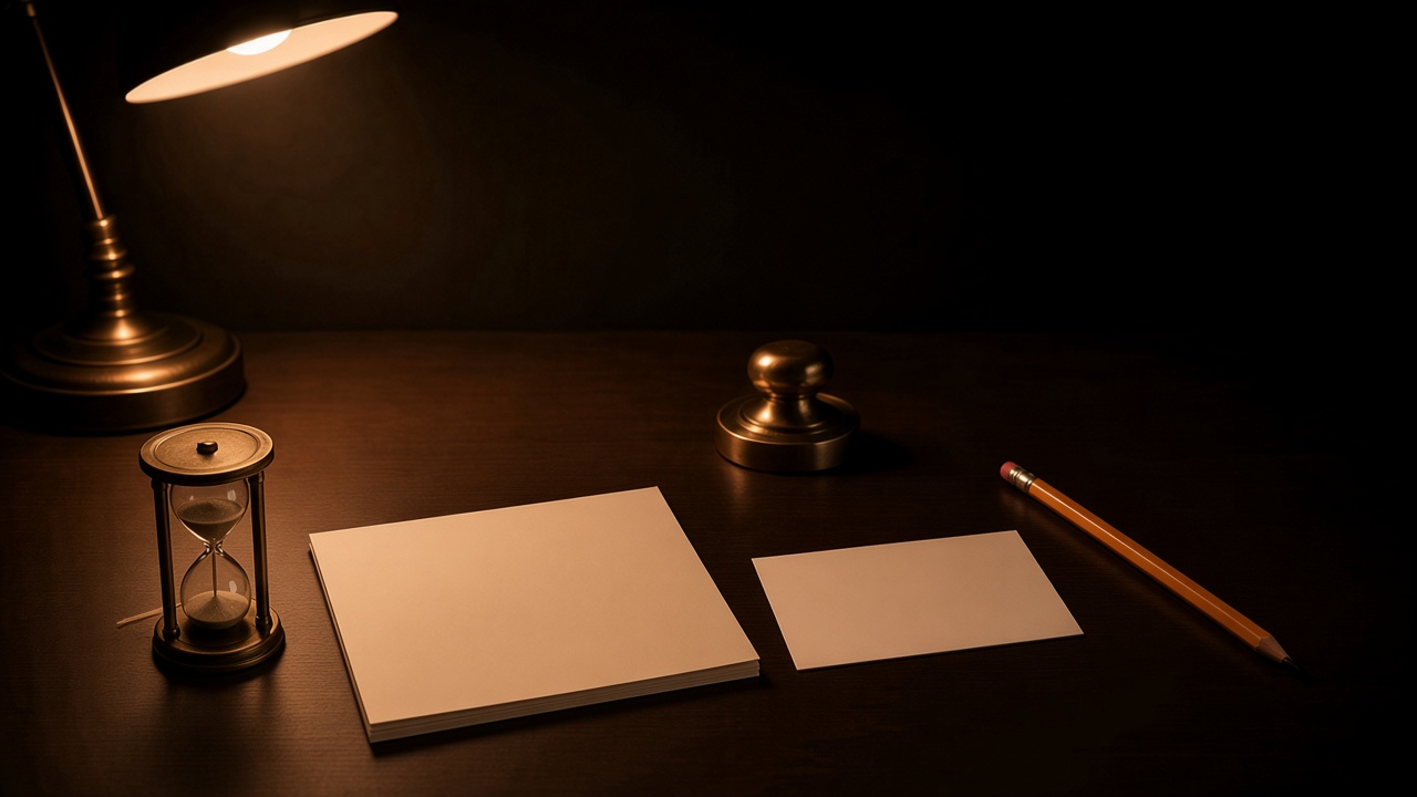 A small brass hourglass, a folded cream calendar page, a blank index card, and a wooden pencil on a dark desk under a warm lamp.