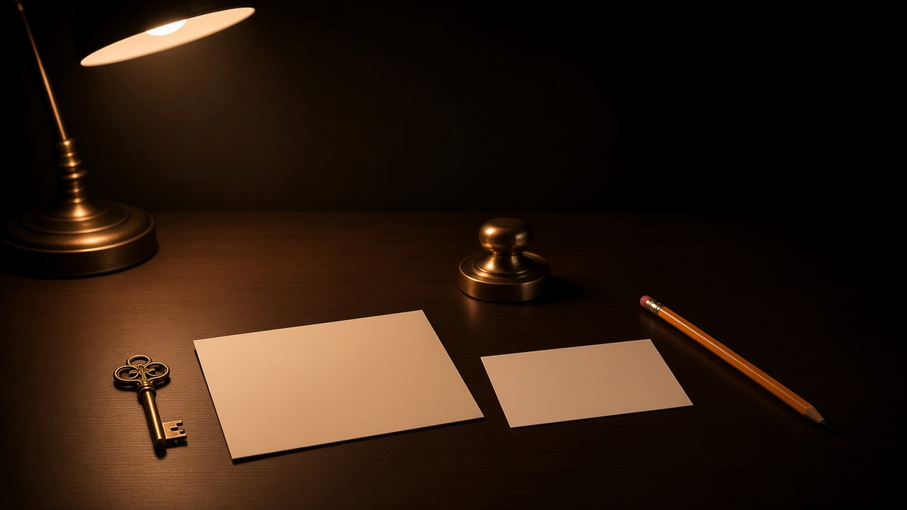 A brass key, a closed cream envelope, a blank index card, and a wooden pencil on a dark desk under a warm lamp.